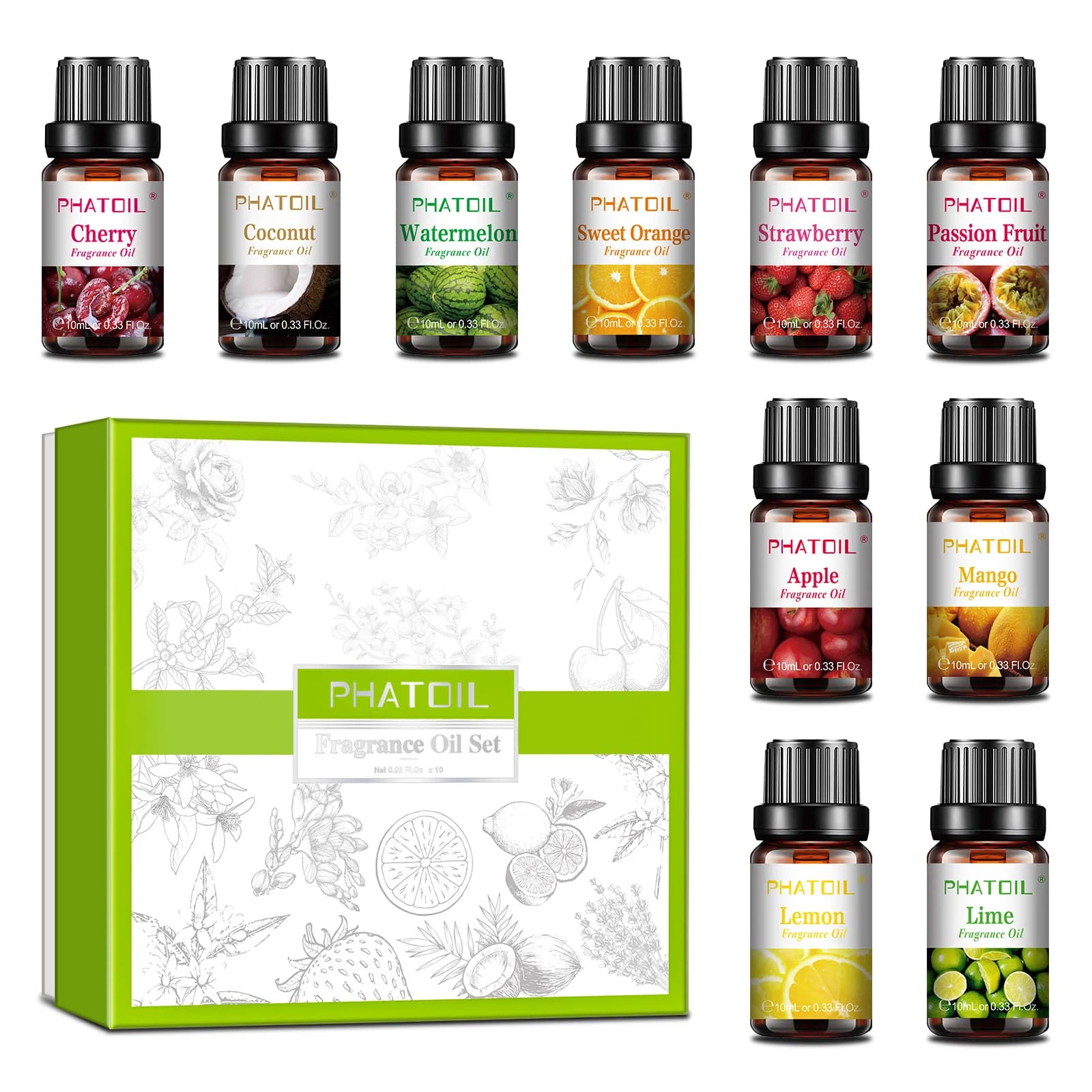 PHATOIL 10PCS Fruit Fragrance Oils Gift Set for Aromatherapy Diffuser-10ML Coconut Apple Strawberry Mango Lemon Cherry Aroma Oil