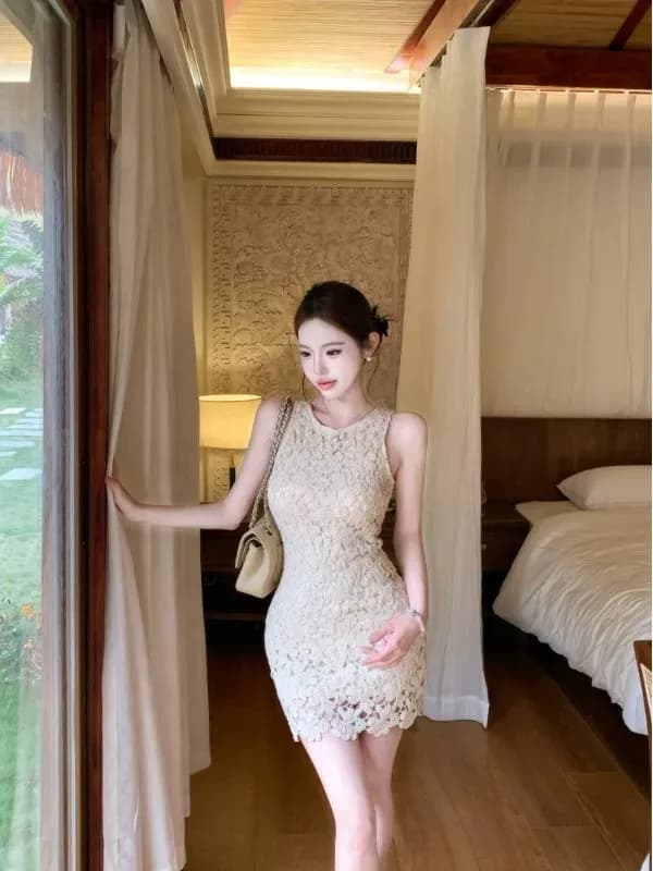 Pure Desire Lace Hollow out Dress Women's Summer Elegance Sexy Sleeveless Bodycon Dress Short Skirt Korean Style Commute