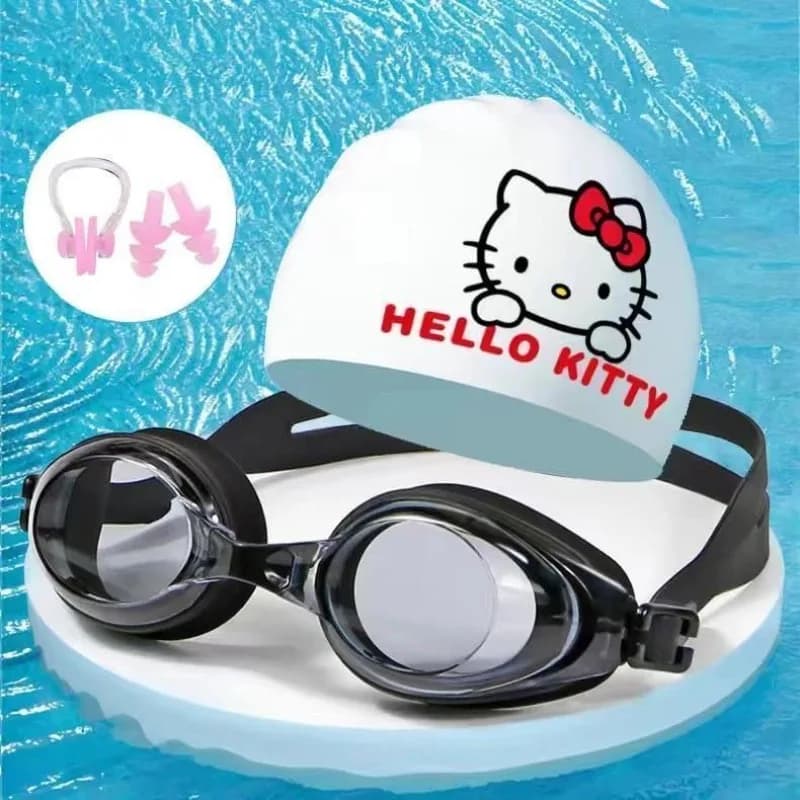 Set 4 Pezzi Hello Kitty: Cuffia da Nuoto in Silicone, Occhialini, Clip Nasale e Tappi per Orecchie, Extra Large, Senza Pressione, Impermeabile