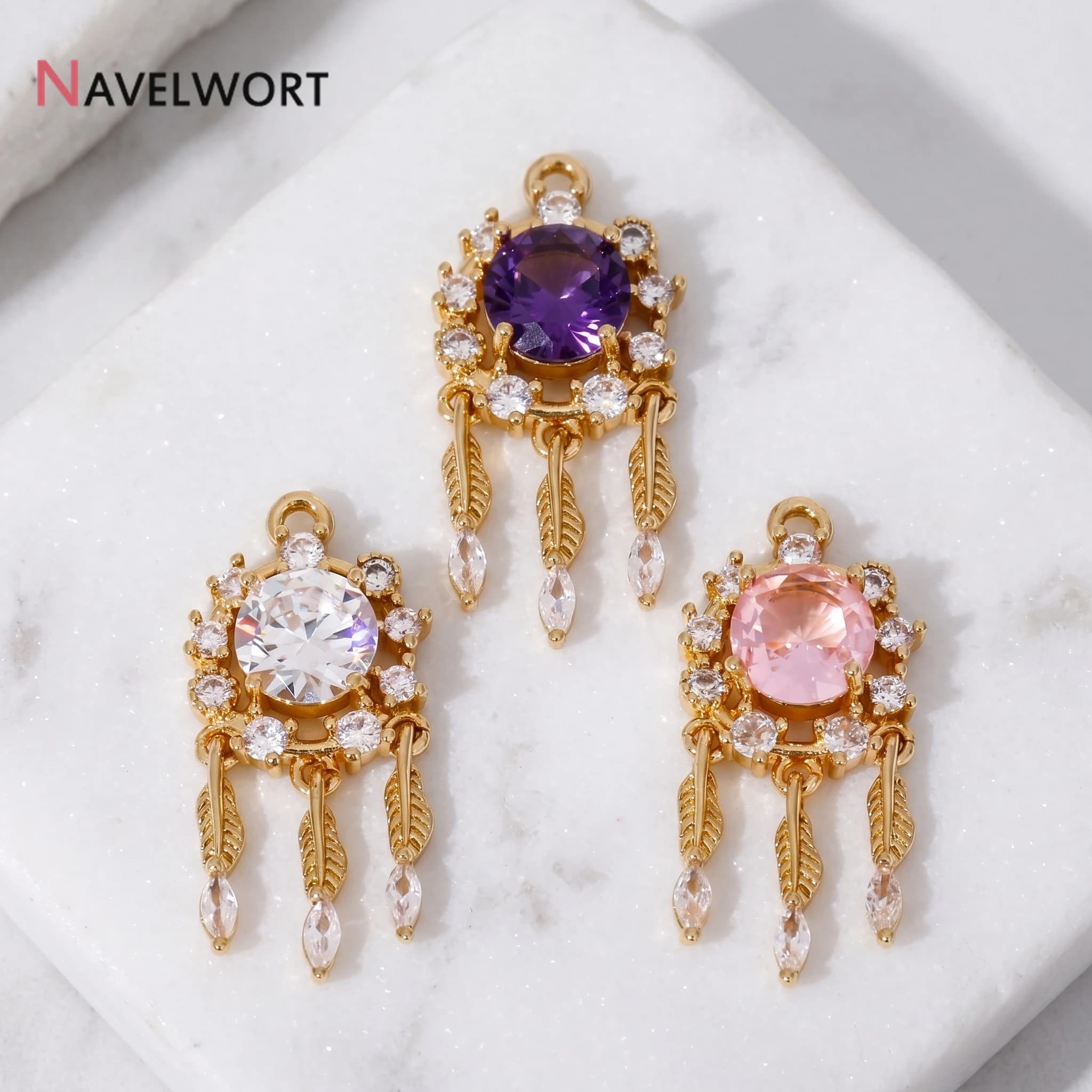 18K Gold Plated Inlaid Zircon Dreamcatcher Feather Charms For Earring Jewelry Making, Pendants For Jewelry