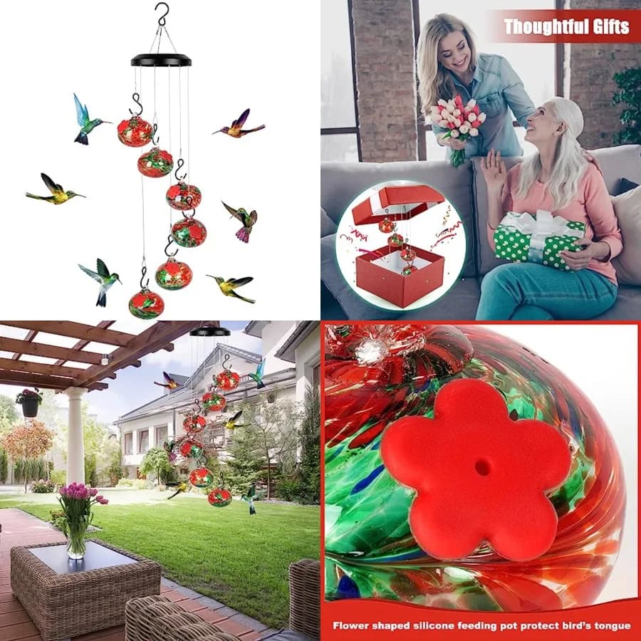 Charming Wind Chimes Hummingbird feeders for Outdoors Hanging ant and bee Proof, Never Leak, Perfect Garden Decor for Outside