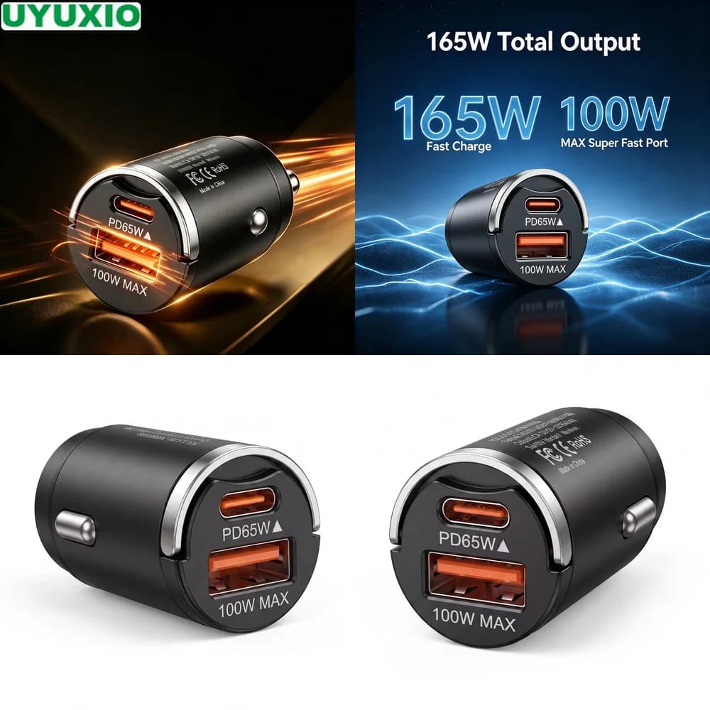 165W Vehicle Fast Car Charger Dual Port 65W USB C and 100W USB A Output for Multiple Mobile Devices Durable Zinc Alloy Mini Body