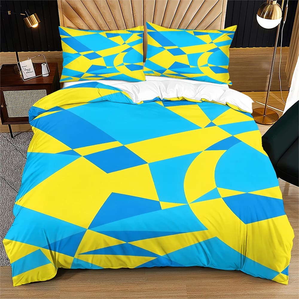 Bright Blue Yellow Geometric Triangle Duvet Cover Set Color Block Abstract Art Soft Microfiber Bedding Set with Pillow Shams