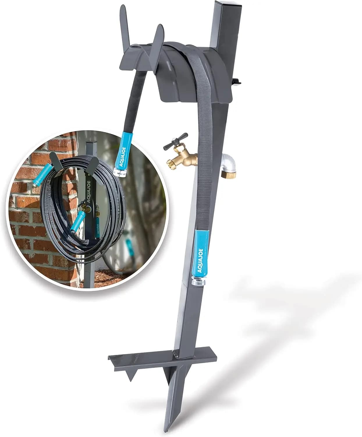 Garden Hose Stand with Brass Faucet & 3 ft Lead-in Hose, Stores Up to 125 ft, Gray