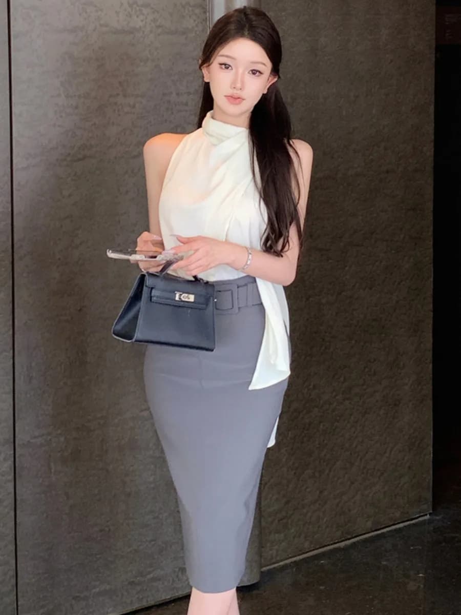 Silk Satin Sleeveless Shirt Top High Waist Bodycon Split Halter Skirt Belted Fashion Set Women Summer Sexy Loose Fit T-Shirt