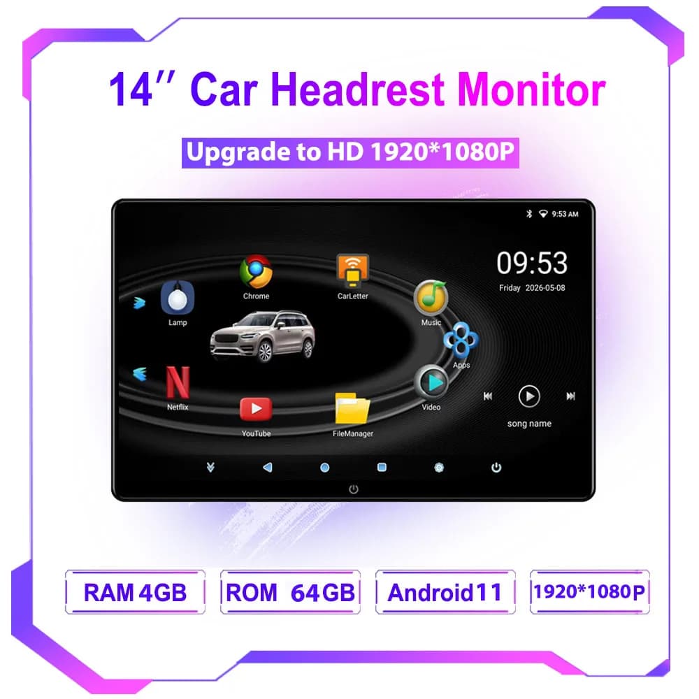 Incell 14 Inch Android Headrest Monitor Tablet Screen for Rear Seat 4K Auto Video Player Support Netflix/YouTube Mirror Link