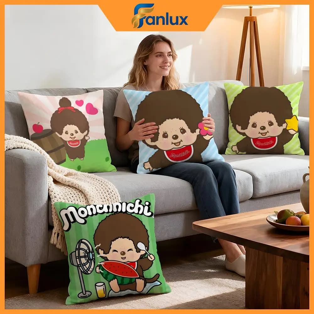 Character Monchhichi Cushion Cover 4Pcs Decorative Covers Soft Cushion Case for Sofa Couch Decor 40x40 45x45 Pillowcases