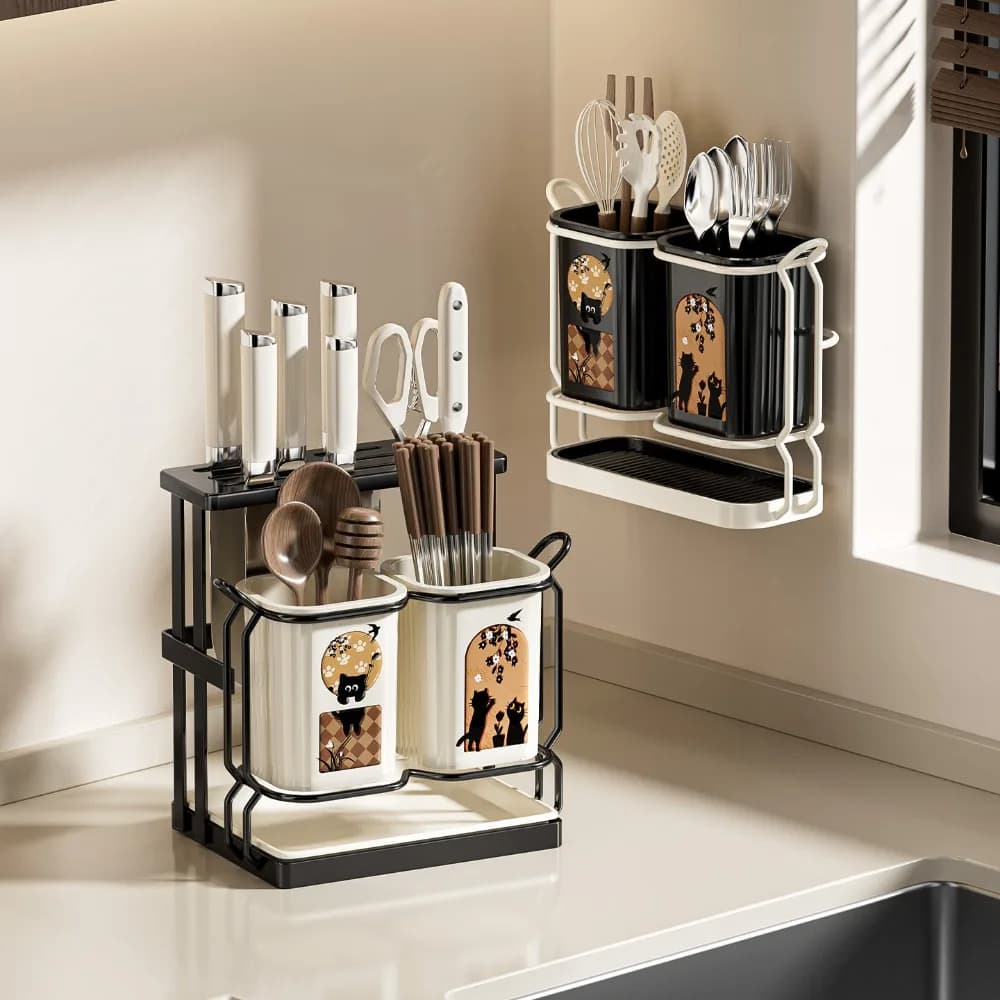 Kitchen Knife Holders Loading drain Integrated shelf without drilling Double cup wand holder Kitchen organizer