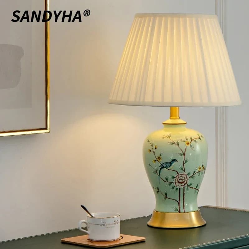 SANDYHA Lampada da scrivania in ceramica americana Lampada da comodino per camera da letto Studio Fiore Uccello Azzurro Bianco Porcellana Decorazioni per la casa Apparecchio di illuminazione
