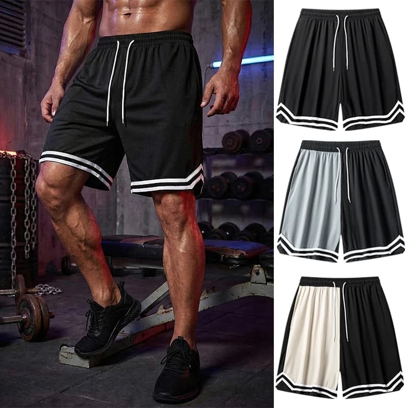 Pantaloncini da basket a righe Colorblock per uomo Pantaloncini da corsa per allenamento da palestra ad asciugatura rapida con tasche laterali con coulisse in vita