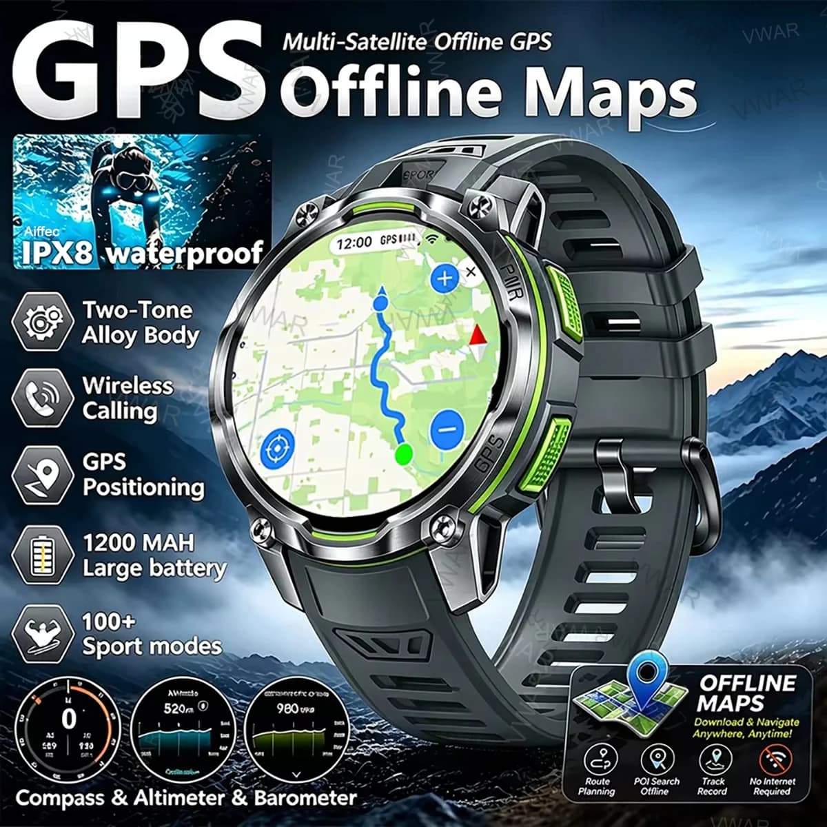 2026New Military VWAR GPS SmartWatch Offline Map 5ATM Waterproof1200mAh Altitude Compass Bt Call Fitness Sports Smartwatch Men