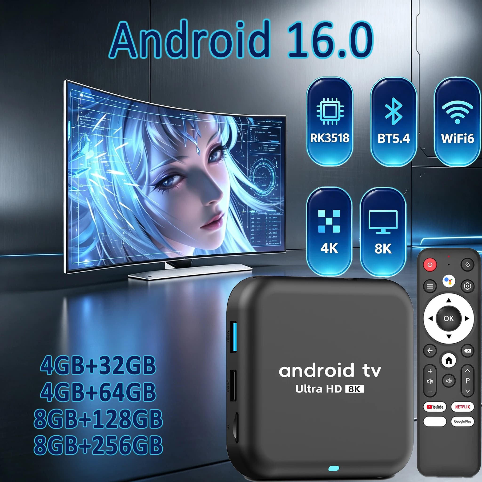 Smart TV Box Android 16 4K 8K WiFi 6 BT5.4 8GB 256GB Media Player Voice Control Home Theater Netflix Google YouTube Set Top Box