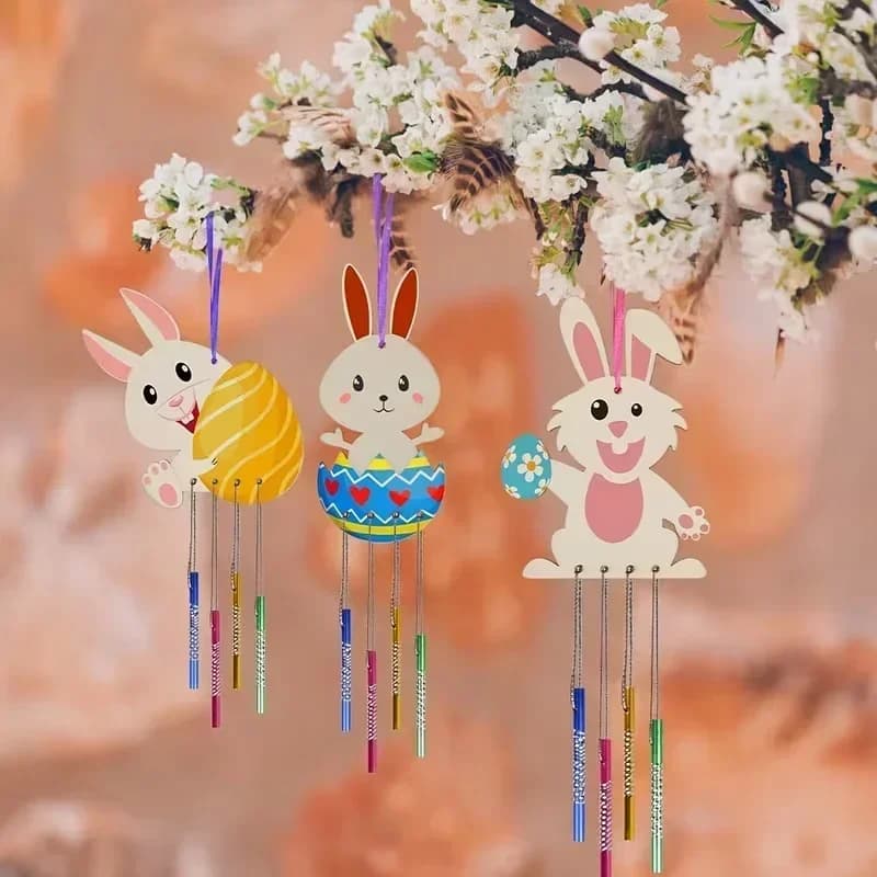 2026-High-quality Easter Bunny Wind Chime Kit Paintable Wooden Crafts DIY Hanging Decor with Eggs Carrots Ornaments