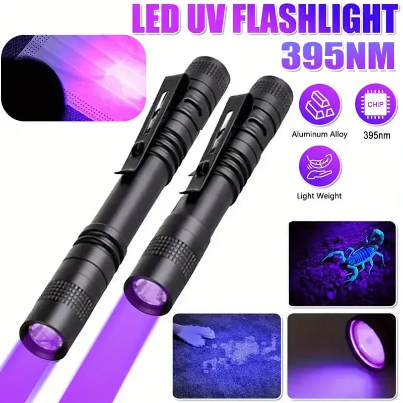 395 nm UV pen, black light torch with portable clip detector for hotel/ourine of pets/sleeping/camping (battery power supply AAA)