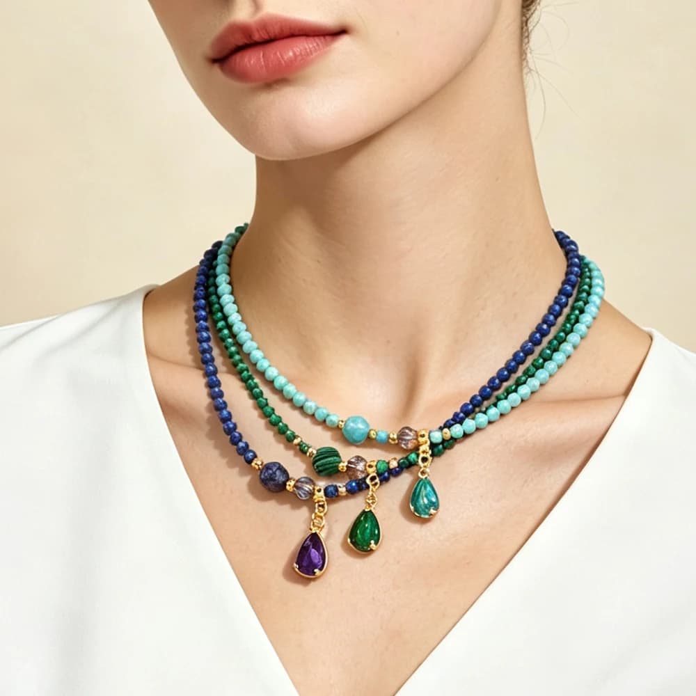 3mm Natural Stone Beaded Necklace Water Drop Pendant Crystal Clavicle Chain Necklace for Women Girls Party Fashion Jewelry
