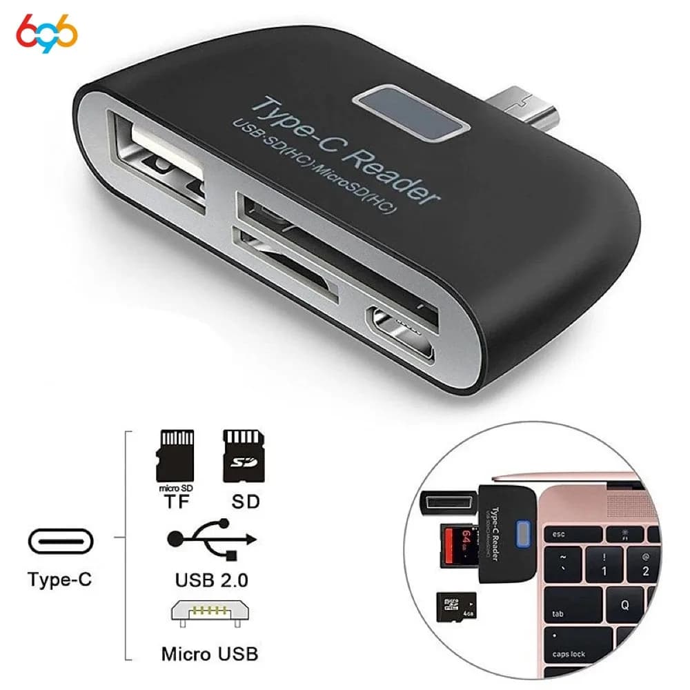 Lettore di Schede 4 in 1 per Laptop e PC, USB2.0/TF/SD/Micro USB, Compatibile con Telefoni Android OTG