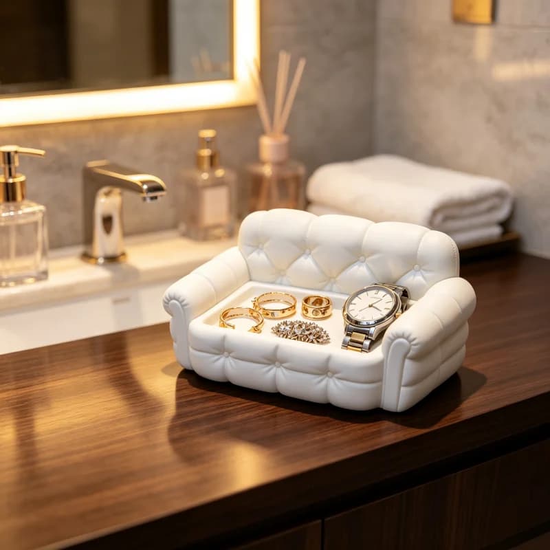 Matte White Mini Pull-Latch Sofa-Shaped Jewelry Tray, Creative Chesterfield-Style Watch Storage Tray, Multifunctional Jewelry Storage Dish for Rings, Earrings, and Bracelets, Smooth-Touch Finish with Exquisite Surface, High-Quality Texture Jewelry Display Stand, Decorative Storage Piece for Dressing Table, Bedside Table, and Desktop, Nordic Modern Style, Neat and Clutter-Free, Suitable for Direct Display, Easy Access for Everyday Use, Stable Placement for Watches, Women's Birthday Gift, Bridesmaid Gift, Light Luxury Home Decor