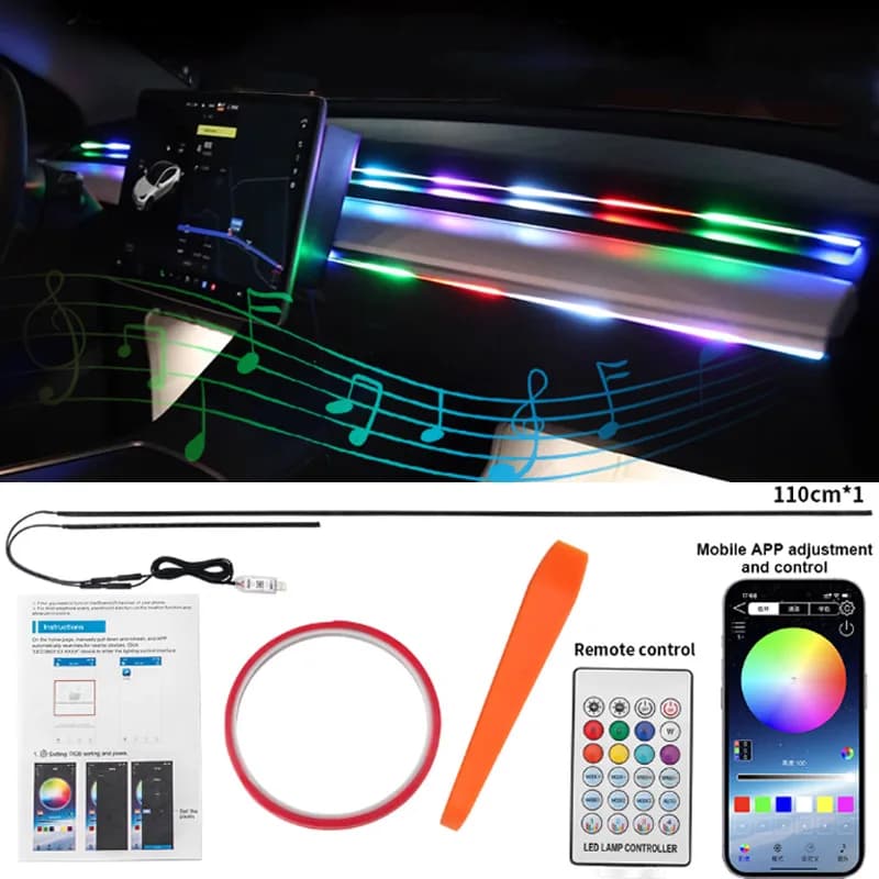 Luci Ambientali per Auto a LED, Strisce Acriliche Nascoste RGB a 64 Colori, 110cm, USB, Controllo APP, Kit Lampade Atmosfera 5V