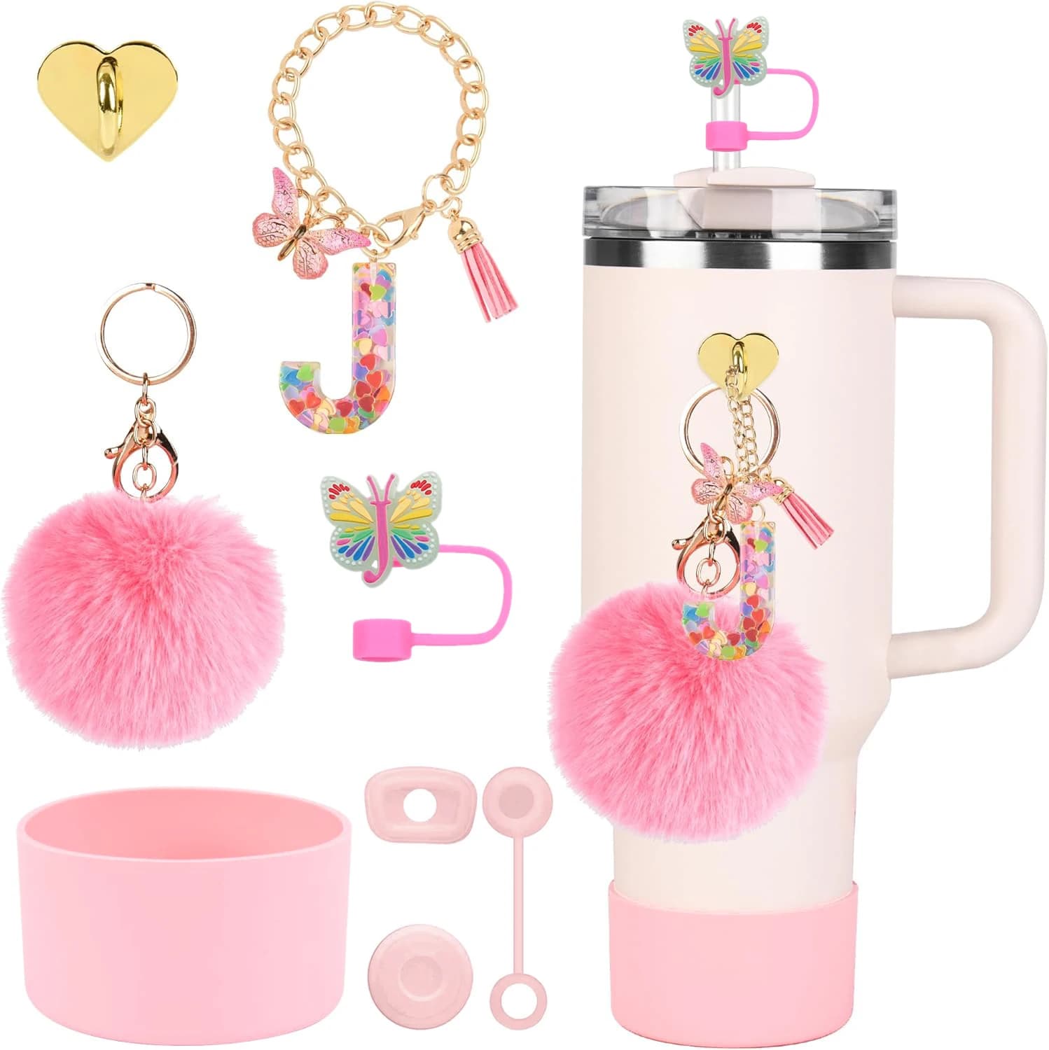 Set di accessori da 8 pezzi per iniziali Stanley Cup Copri paglia in silicone e stivale Ciondoli con lettere carine per bicchiere da 40 once 30 once con manico