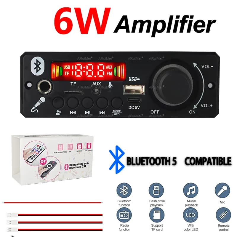 DC 5V Bluetooth 5.0 Scheda di decodifica MP3 Amplificatore da 6W Lettore MP3 Supporto di registrazione delle chiamate 3.5mm USB TF FM per modulo altoparlante per auto