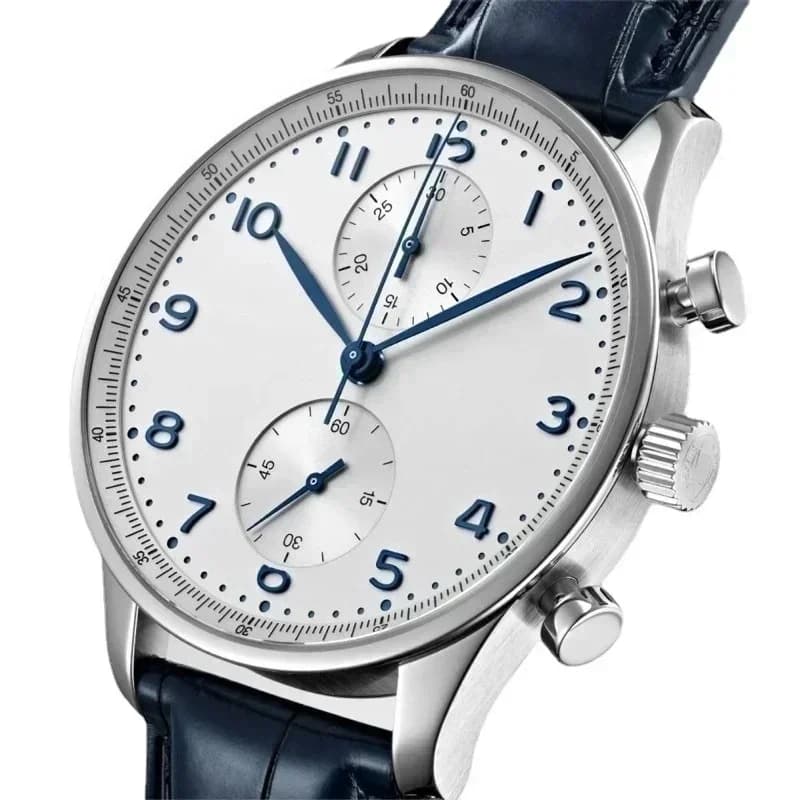 Luxury Men's Watch 2026, Quartz Chronograph 43mm, Blue Leather Strap, Portuguese Style, Sapphire Glass