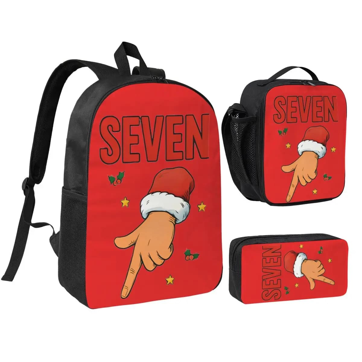 7 Seven 67 Meme 3pecs/set Zaino per studente Natale Computer portatile Borse di tela Borsa per il pranzo Astuccio