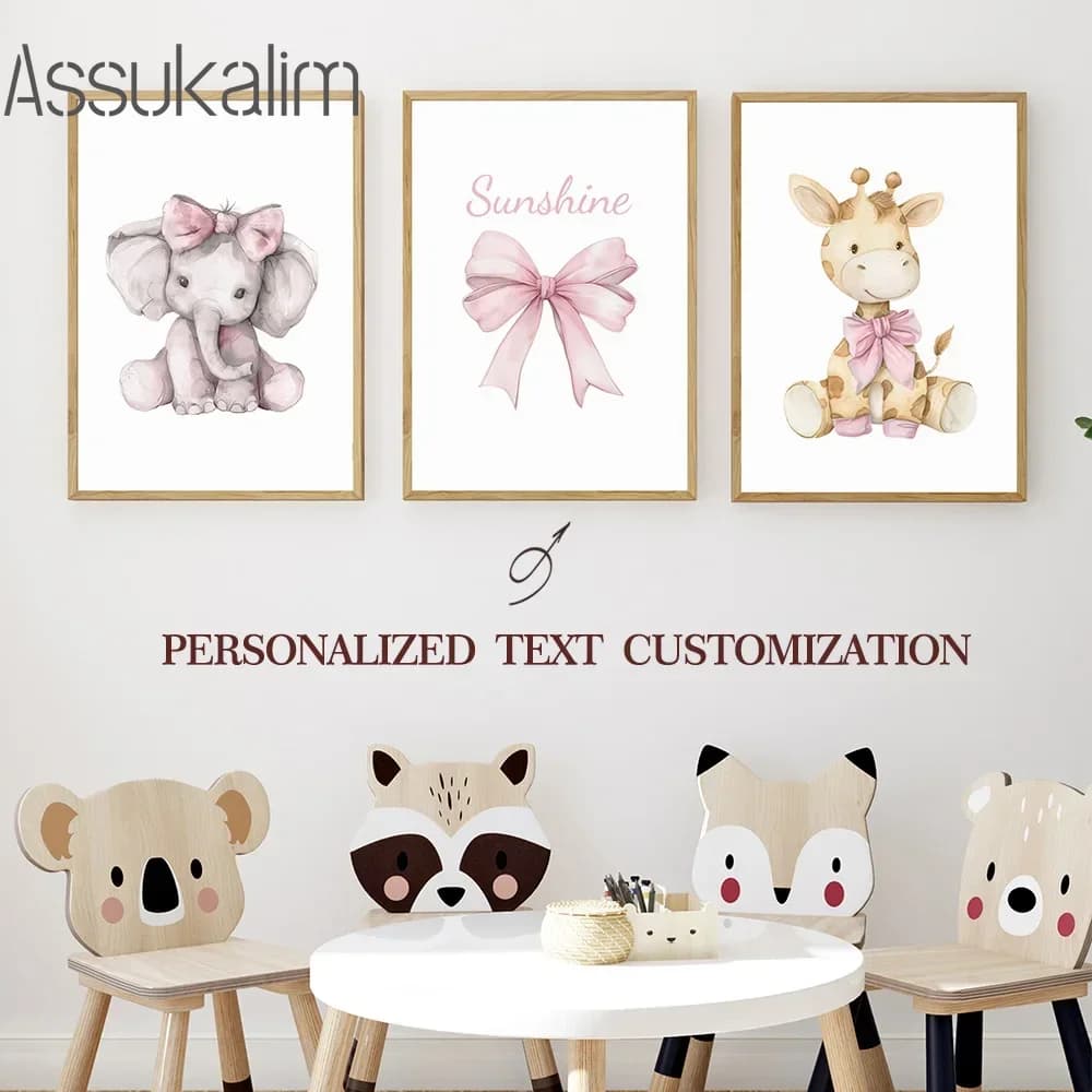 Nome personalizzato Arte personalizzata Fiocco Immagine Elefante Giraffa Arte della parete Decorazione della scuola materna Poster Decorazione della camera da letto delle ragazze Senza cornice