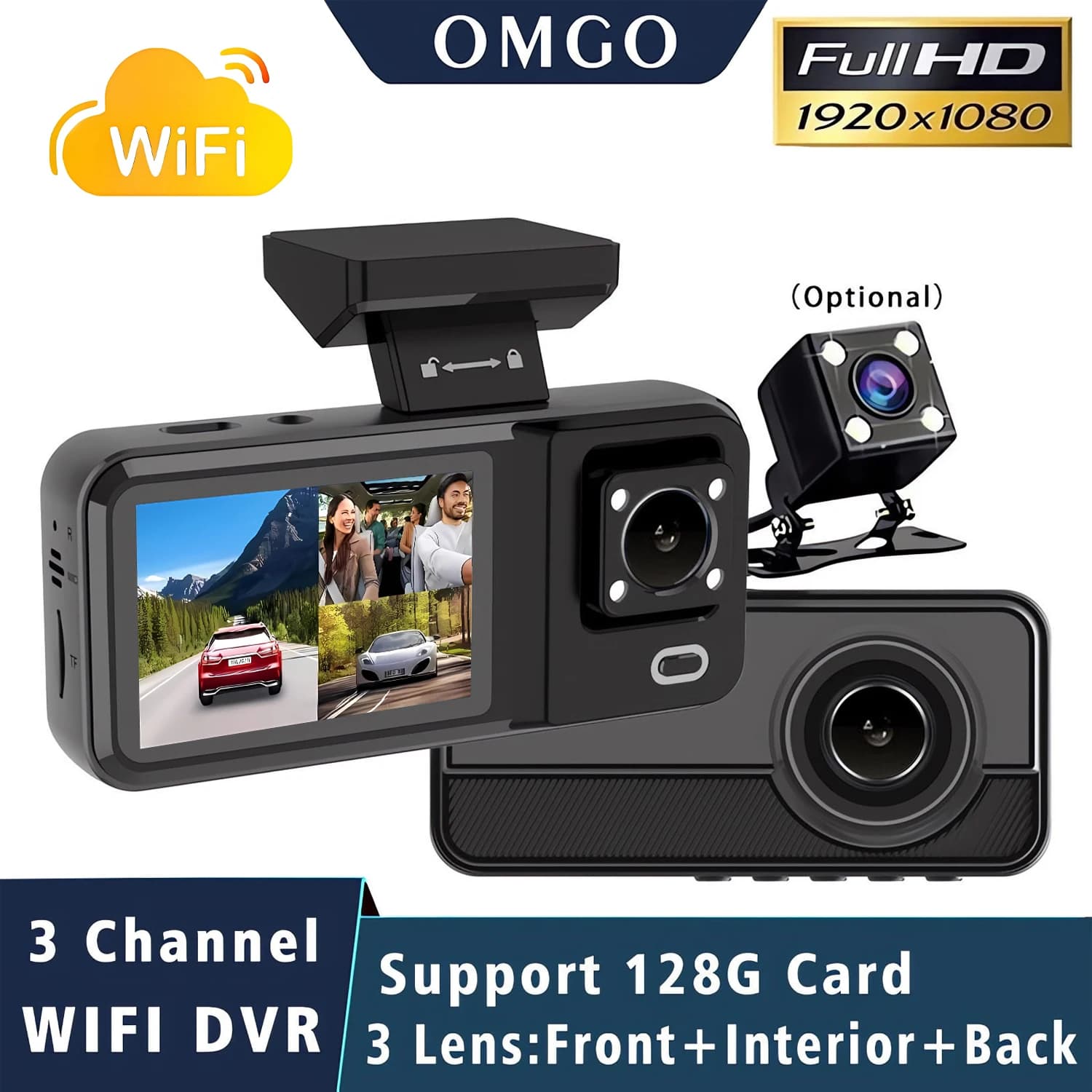 Videoregistratore DVR per Auto a 3 Canali WIFI HD 1080P, Telecamera per Abitacolo e Cruscotto, Registratore Video a Tre Vie, Mini Dashcam