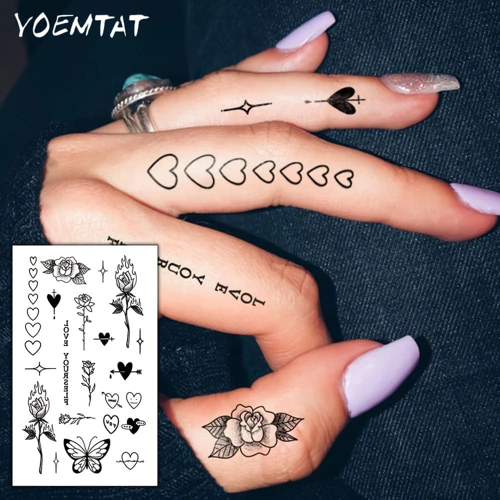 Adesivi per tatuaggi temporanei impermeabili con motivi vivaci di rose, farfalle e frecce d'amore, sicuri e delicati sulla pelle, decorazioni per il corpo adatte per dita, braccia, collo, polso, decorazioni moda per tutti i giorni.