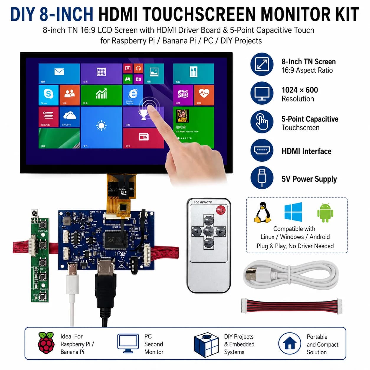 Display LCD da 8 pollici Schermo Driver audio Scheda di controllo Digitizer Touchscreen Monitor per Raspberry Pi PC Schermo assistito per computer