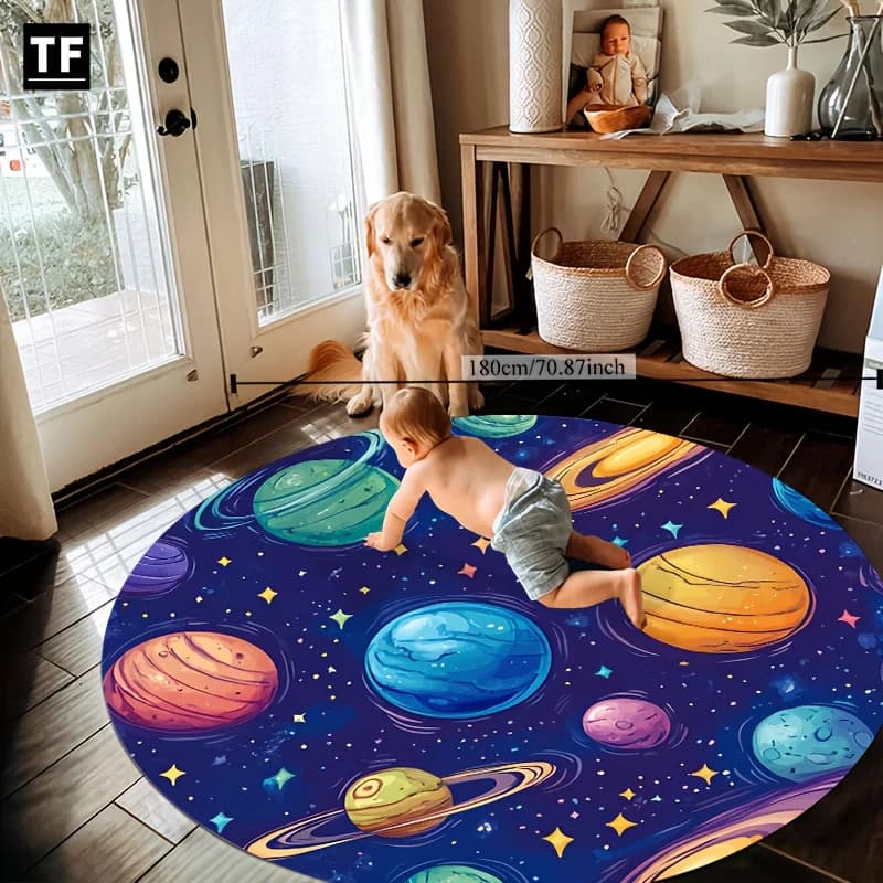 Vibrant Solar System Planet Glitter Star Printed Round Carpet, Cute Outer Space Anti-slip Rug for Entryway Toddler Room Bedroom
