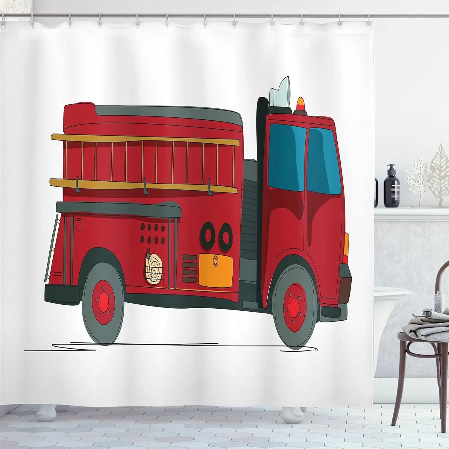 Tenda da doccia con camion dei pompieri rossi, decorazione per il bagno dei bambini, in lino, 180x230