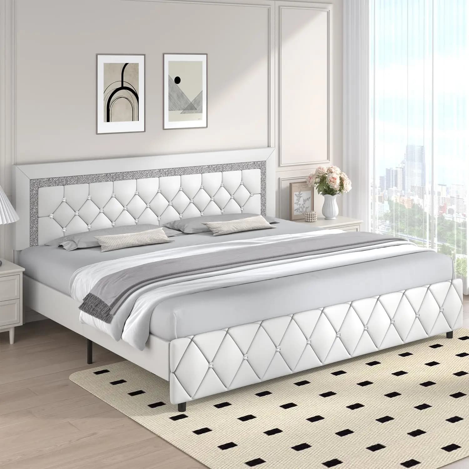 King size bed structure, upholstered leather bed with headboard, base for sturdy and customizable mattress