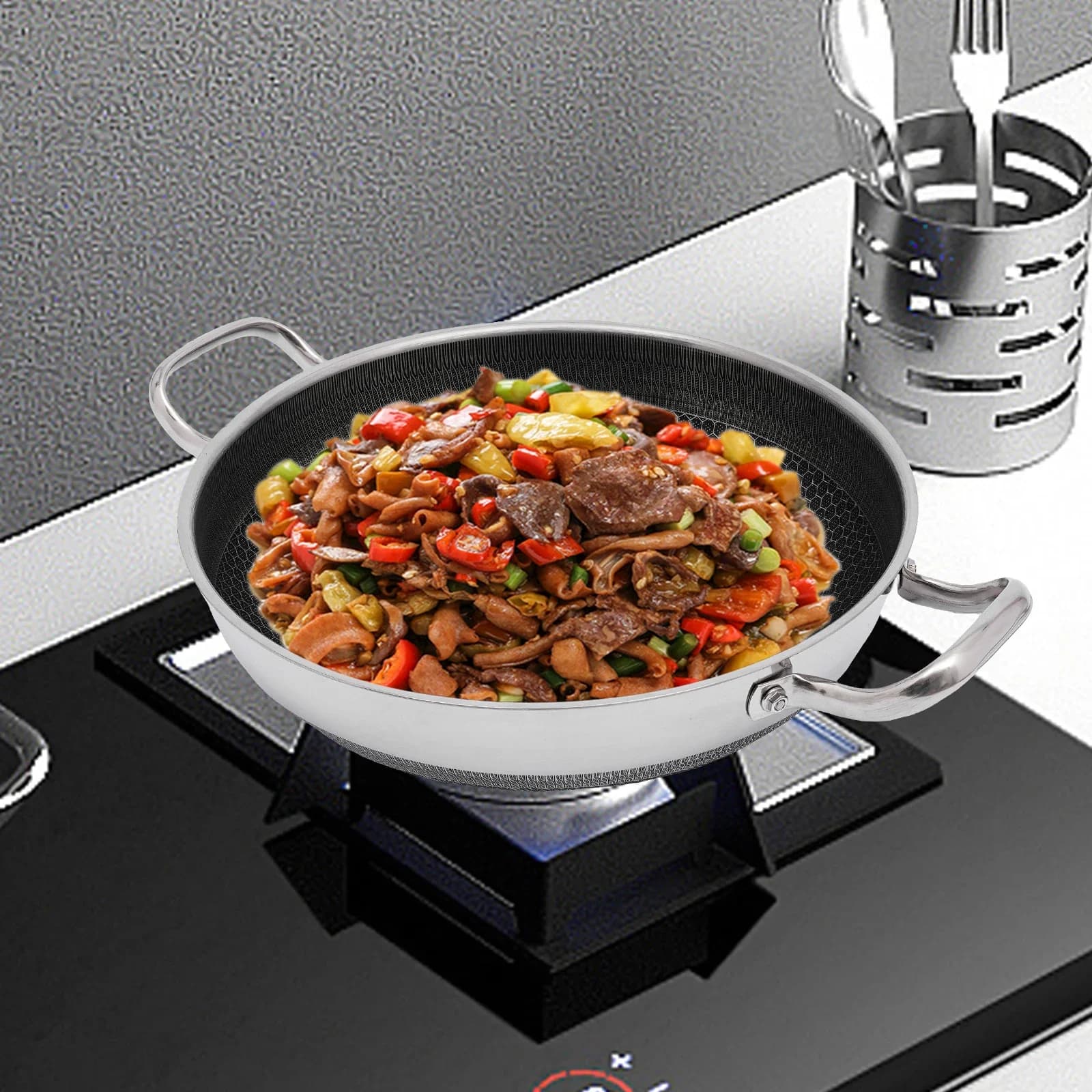 Padella in Acciaio Inox da 13 Pollici con Coperchio, Antiaderente, per Tutti i Piani Cottura, Argento