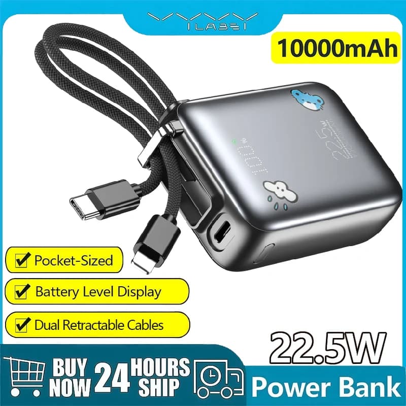 Power Bank Portable Vyvylabs 10000mAh with USB-C cable PD 22.5W Quick charging Mini PowerBank for iPhone Xiaomi Samsung Huawei