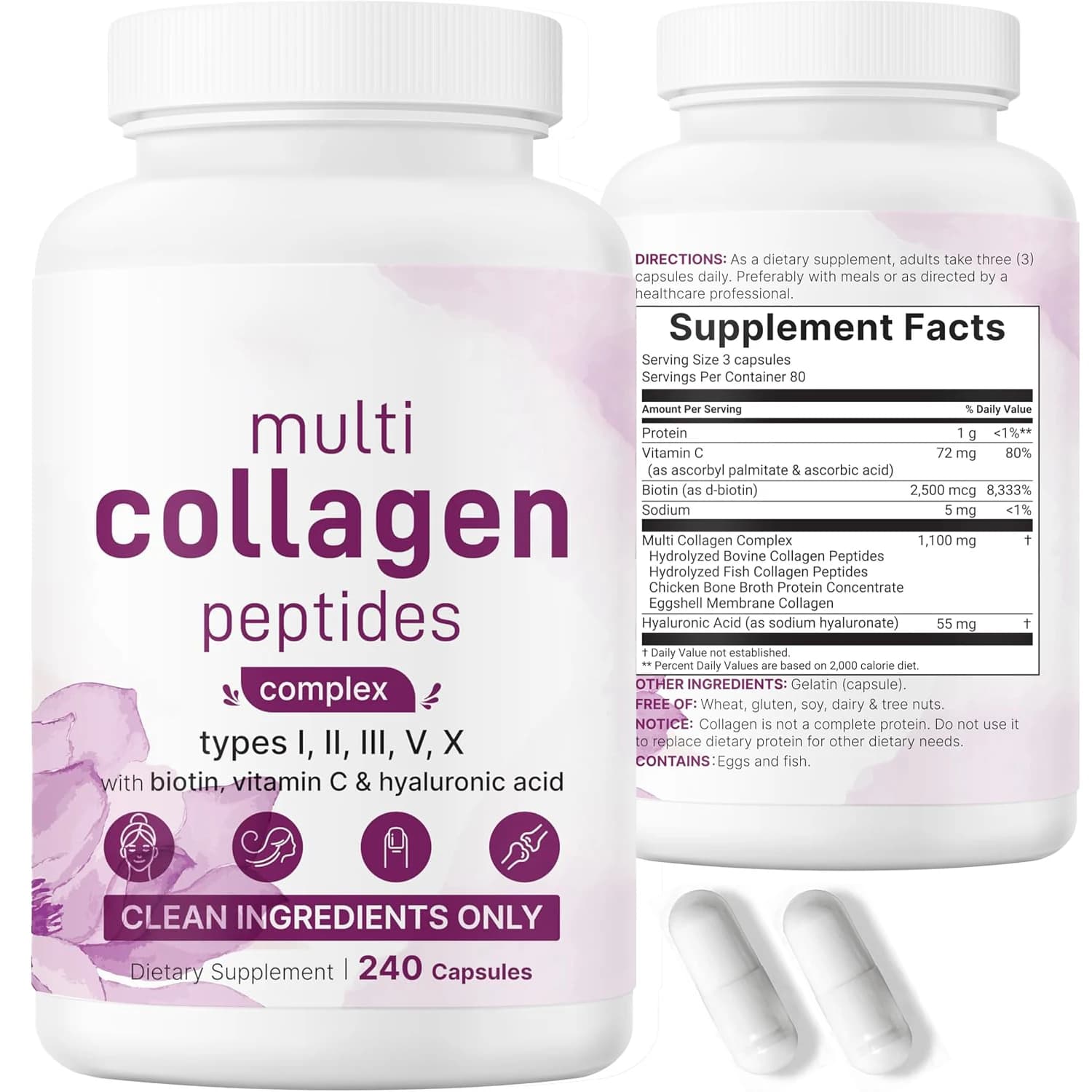 Complesso di Peptidi di Collagene Multi per Uomini e Donne - Integratore di Collagene Tipi I, II, III, X - Non-OGM - 240 Capsule
