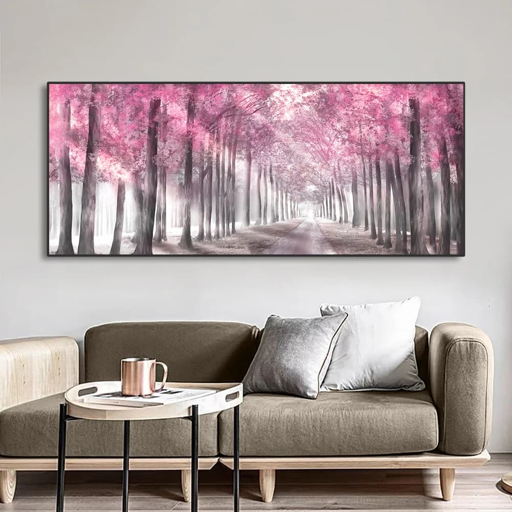 Scandinavian light shadow trees pink canvas painting poster landscape forest path pictures of wall art for bedroom decorations for home