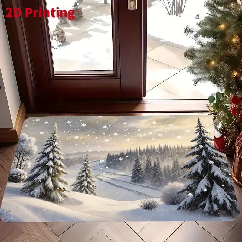 Christmas Snowy Landscape Doormat Snowflake Pine Forest Country Pattern for Entryway Household Interior Floor Home Decoration