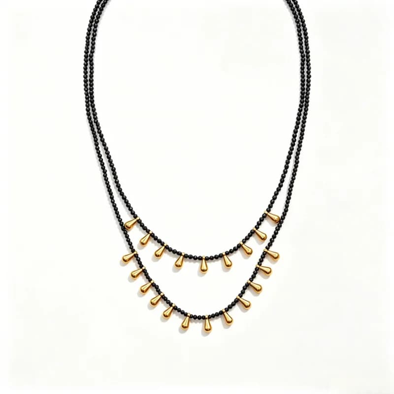 Litheline 24K Gold Plated Brass Double-Layer Black Bead Necklace, Anti-Tarnish Everyday Bold Modern Jewelry