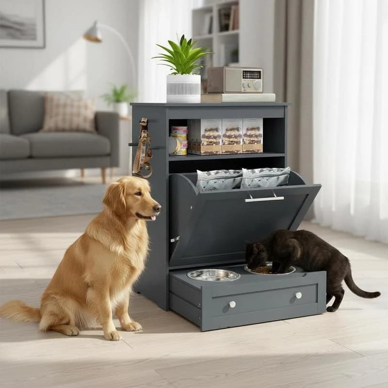 Mobiletto Contenitore per Alimenti per Animali Domestici, Contenitore per Cibo per Cani con Ciotole Rialzate, Accessori per l'Idratazione, Grigio