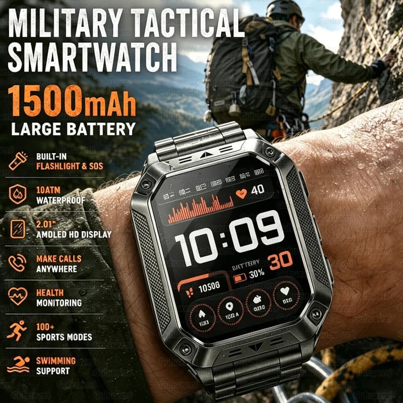 1500mAh Military Grade Smart Watch 100 Days Battery Life 10ATM Waterproof Bluetooth Call SOS Alert LED Flashlight Sports Watches