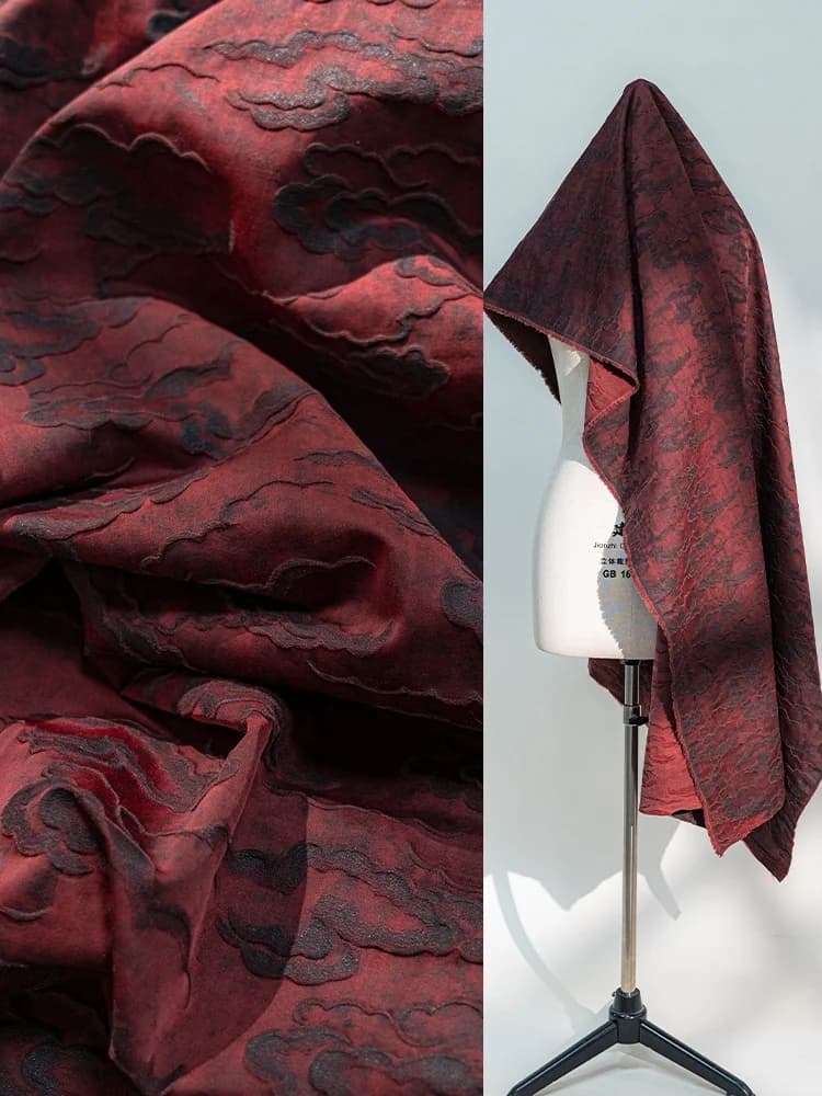 Tessuto di Seta Ricolore Rosso Vino, Materiale in Seta Ricamato per Gonne, Pantaloni e Cappotti in Stile Cinese