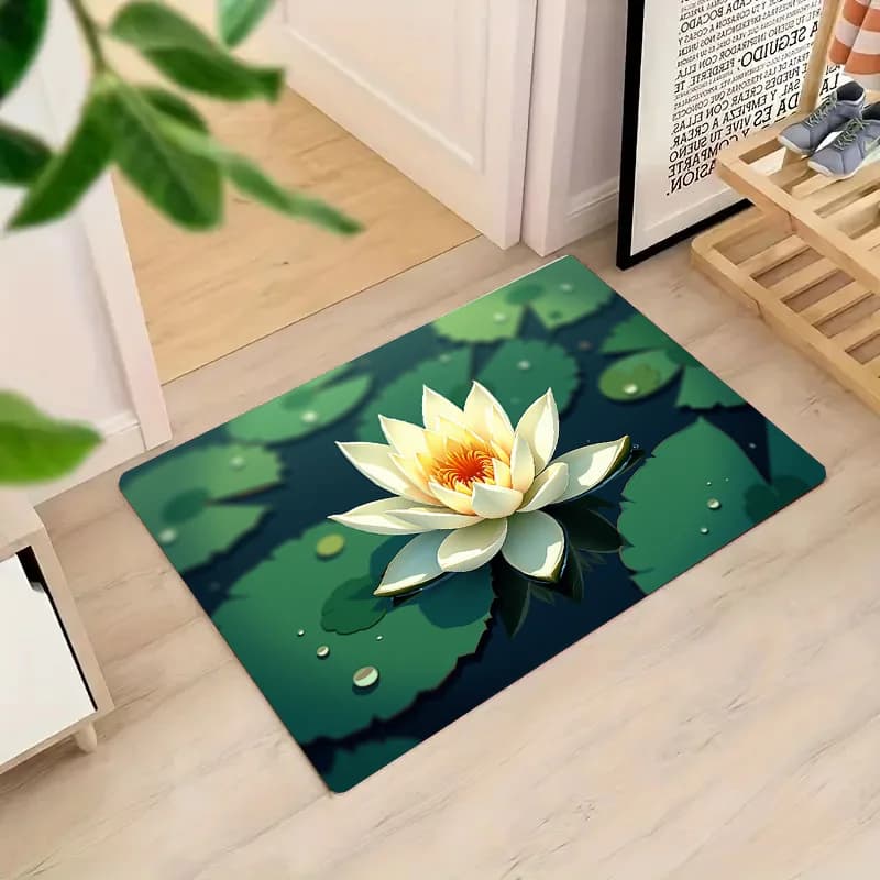 Serene White Lotus Doormat Dark Green Water Print For Entryway Bathroom And Zen Themed Home Decor