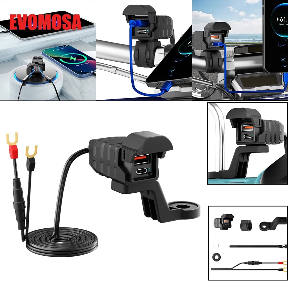 Caricatore USB Rapido per Moto PD QC3.0 60W, Presa USB Doppia per Manubrio con Interruttore e Voltmetro, Adattatore di Alimentazione Impermeabile 12V
