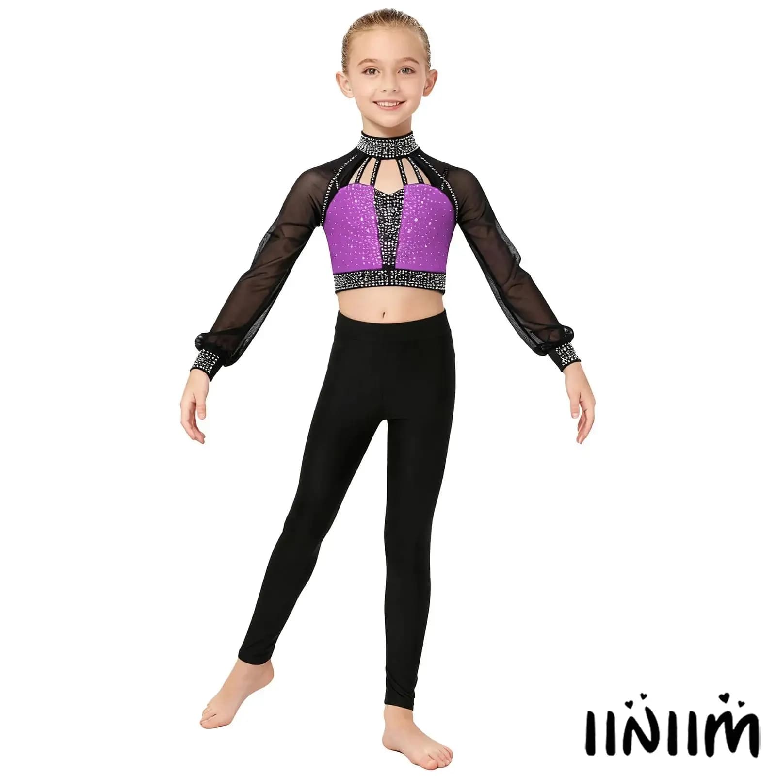 Bambini Ragazze Ginnastica lirica Costumi di danza Maniche lunghe Ritaglio con spalline Lucido Crop Top + Leggings per spettacoli di danza da sala da ballo di balletto