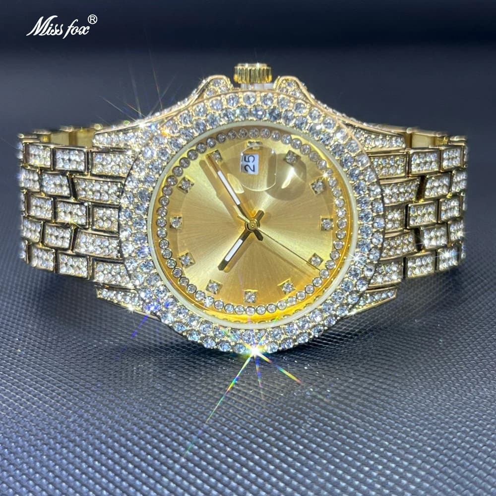 Men Iced Out Full Diamond Gold Watch Bling Rhinestone Bezel Calendar Quartz Steel Hip Hop Waterproof Rapper Dress Watches Gift