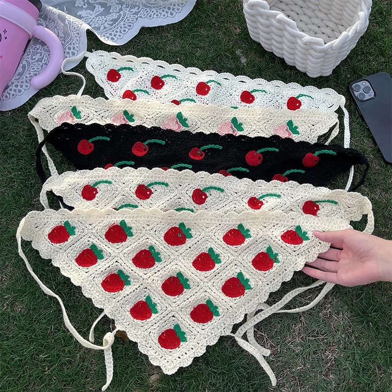 Women Girls Fabric Triangle Headband Towel Strawberry Cherry Handmade Crochet Hollow Women Spring Summer Travel Photo Hair Scarf