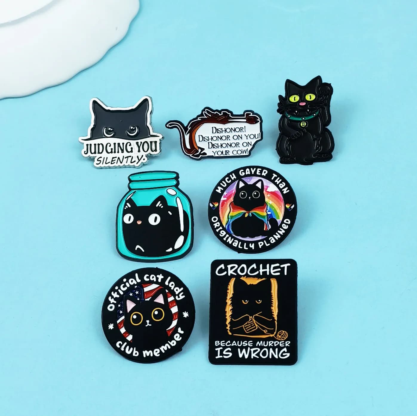 Funny Black Cat Enamel Pins Set, Cute Cartoon Meme Slogan Cat Lapel Badges, Aesthetic Decorative Brooches for Backpack Jacket Hat, Gift for Cat Lovers