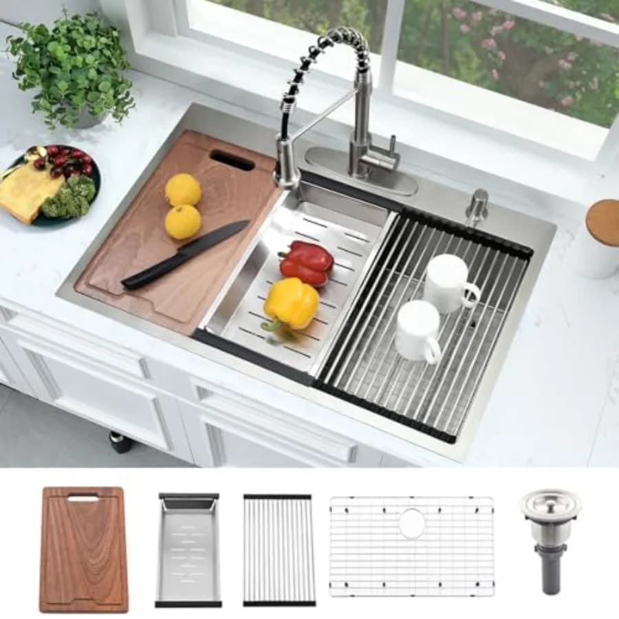 33x19 recessed kitchen sink with stainless steel top, single basin, 16 caliber modern sink with cutter