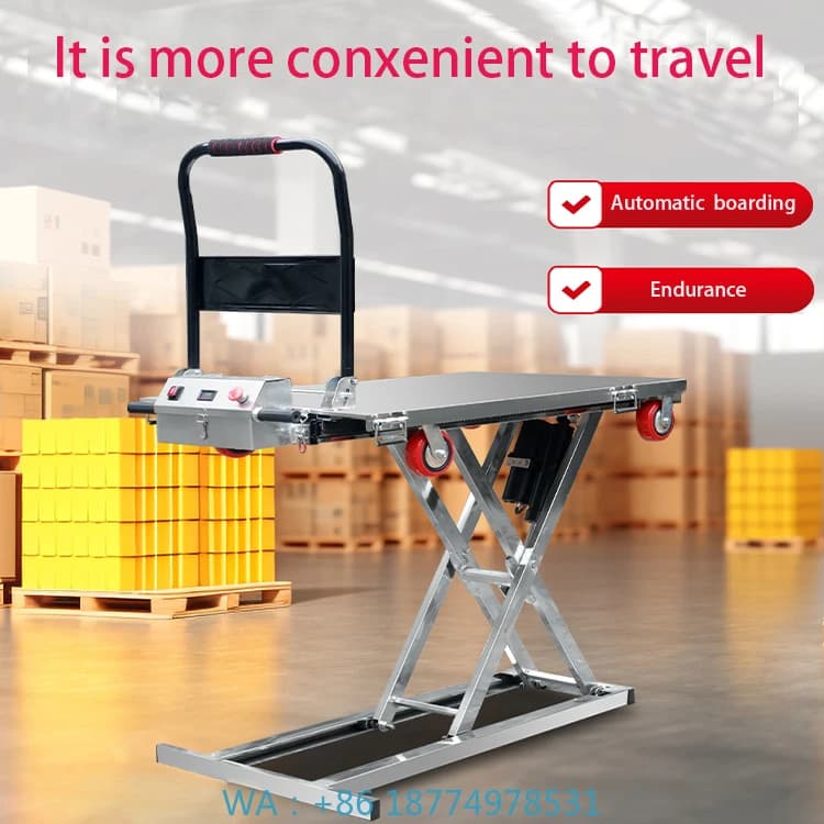 Camion sollevatore idraulico pieghevole a forbice con piattaforma di sollevamento mobile spinta a mano con trasporto elettrico